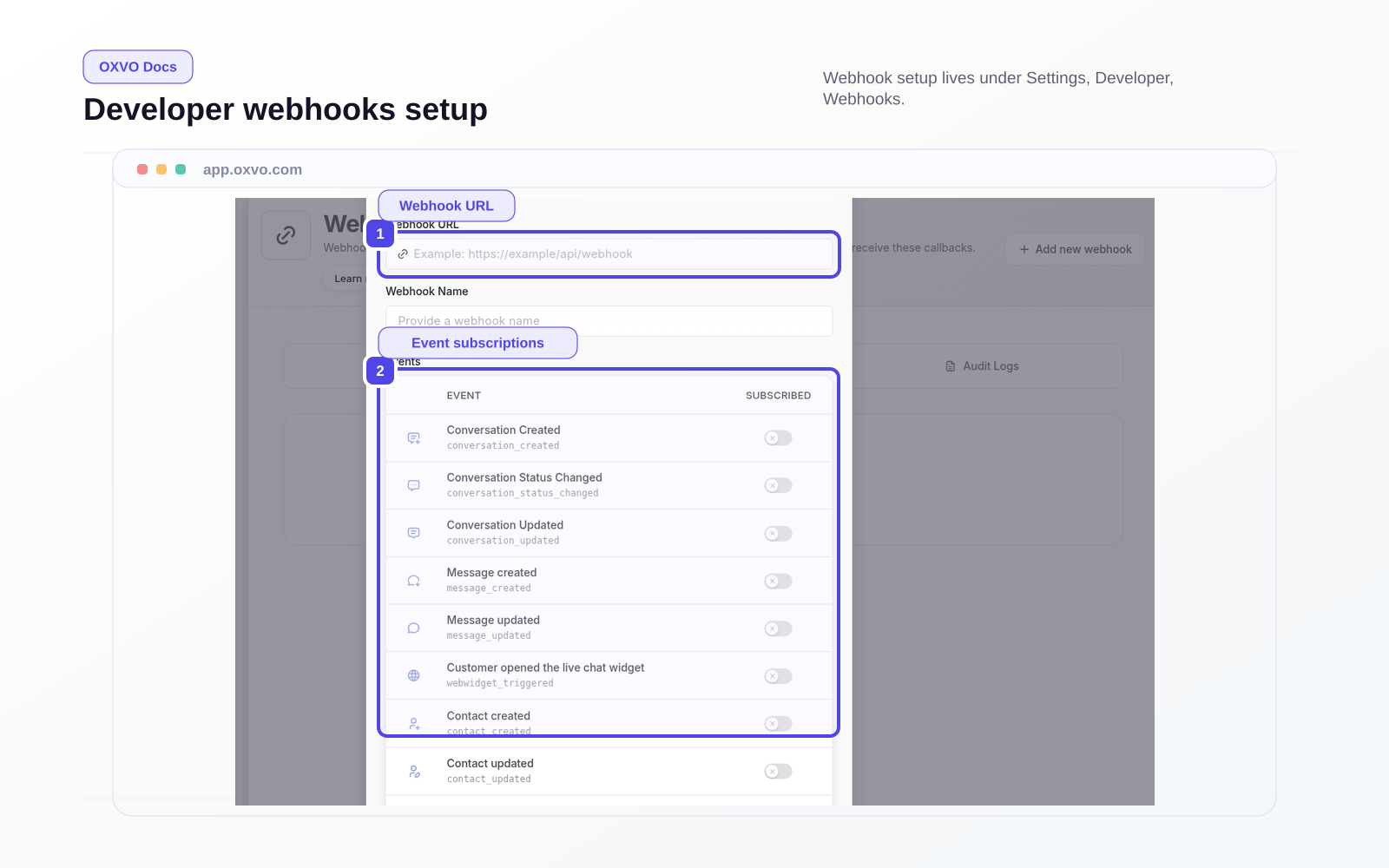 Webhook setup with event subscriptions