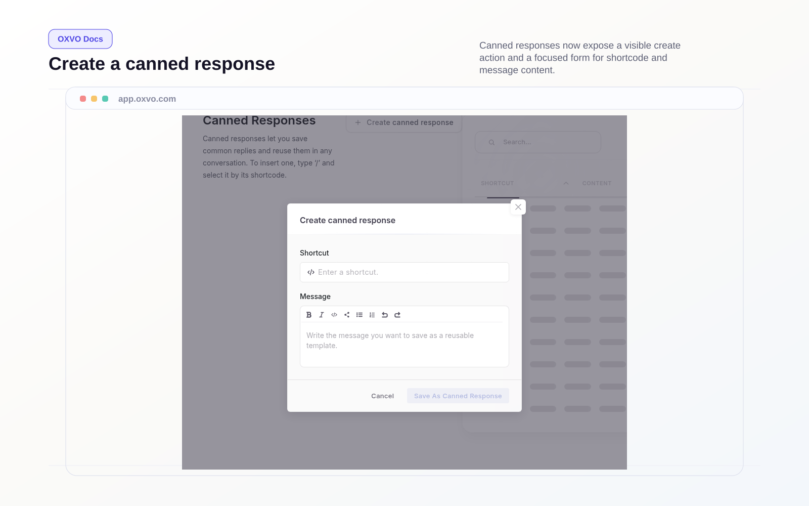 Canned responses list and create dialog