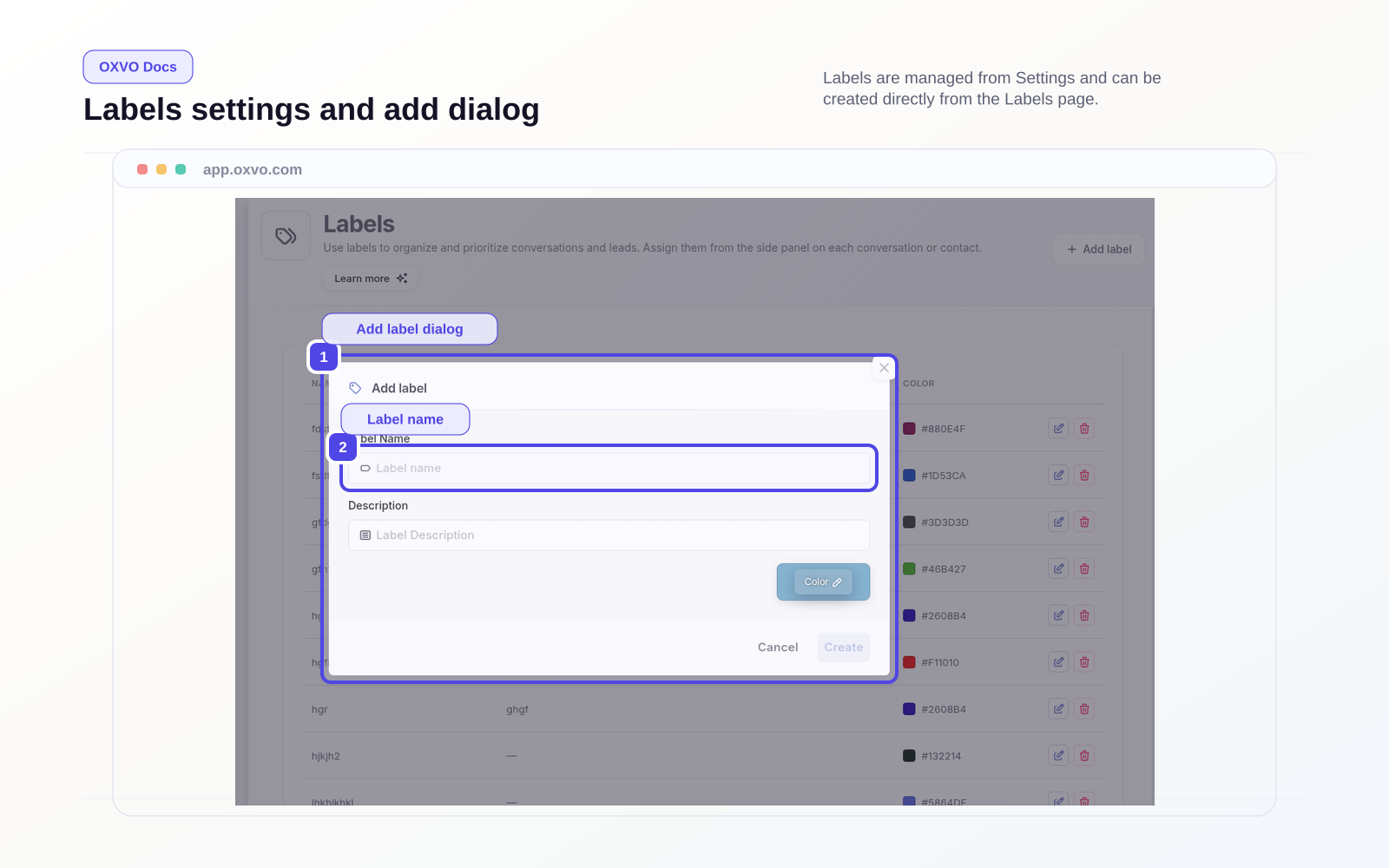 Labels settings table and add dialog